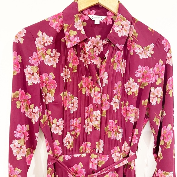 NANETTE LEPORE Women's Burgundy Floral Print Button Down Shirt Dress. 2 - Picture 2 of 10